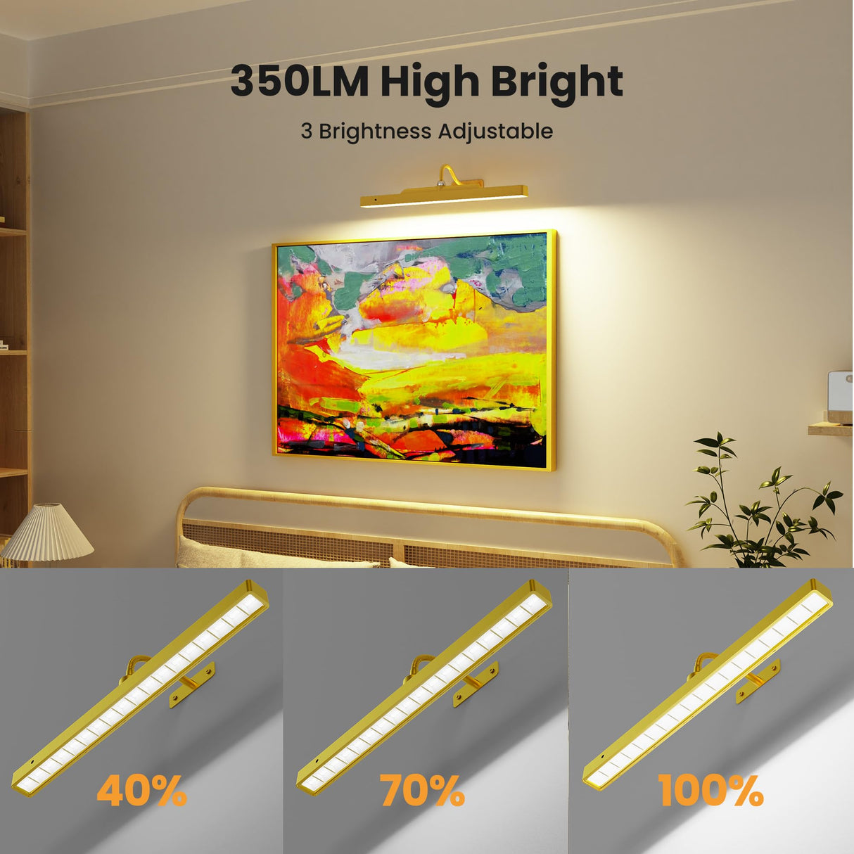 Picture Light 3Pack- 16in Picture Lights for Wall, 5000mAh Wireless Rechargeable Battery Picture Lights, Wall Light, Art Display Light for Gallery Artwork, Paintings, Portraits, Dartboards- Gold