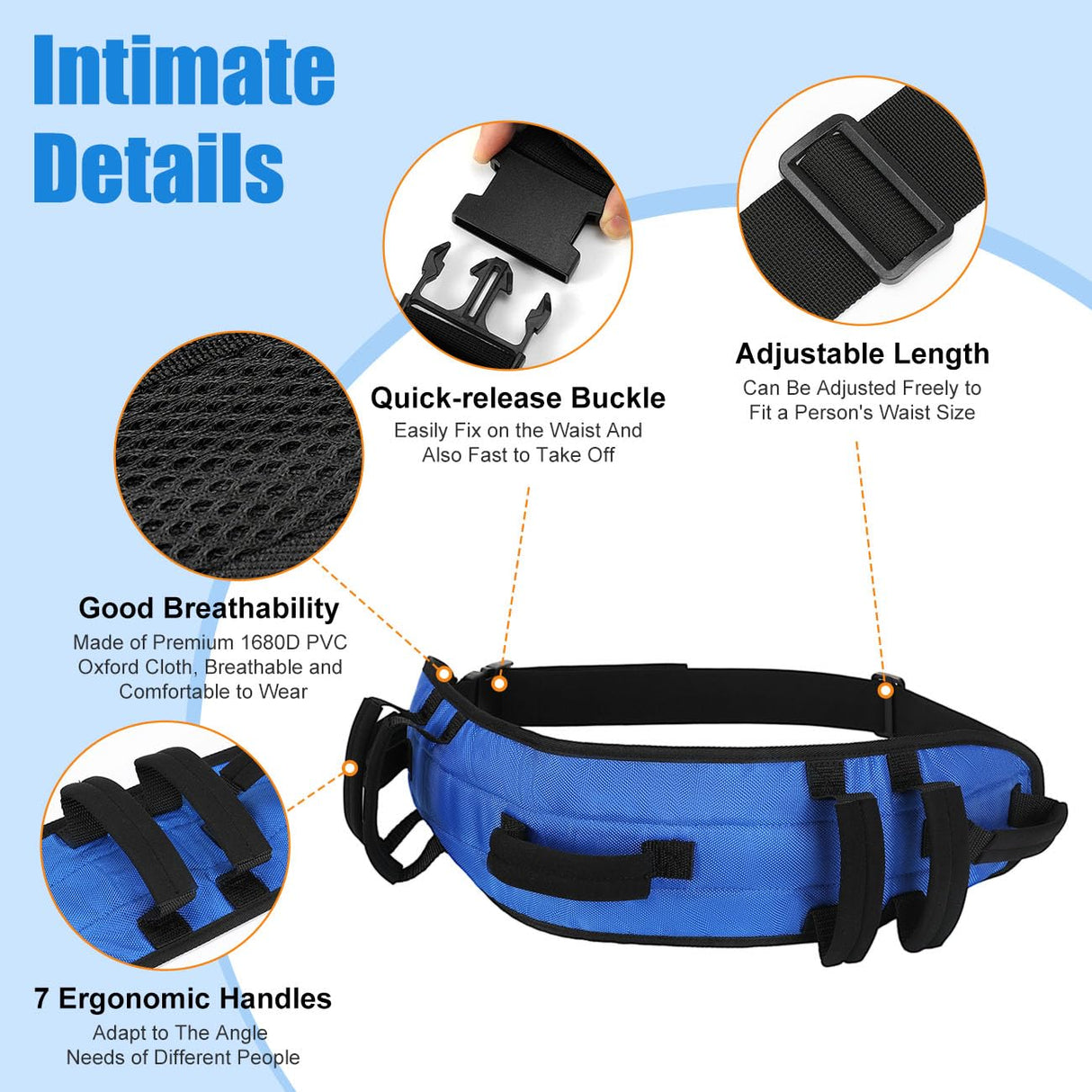 Gait Belt 2 Pack, Rhino Valley gait Belts for Seniors with 7 Handles, 59" Anti-Slip Transfer Belt for Elderly, Elderly Assistance Products, Blue&Black
