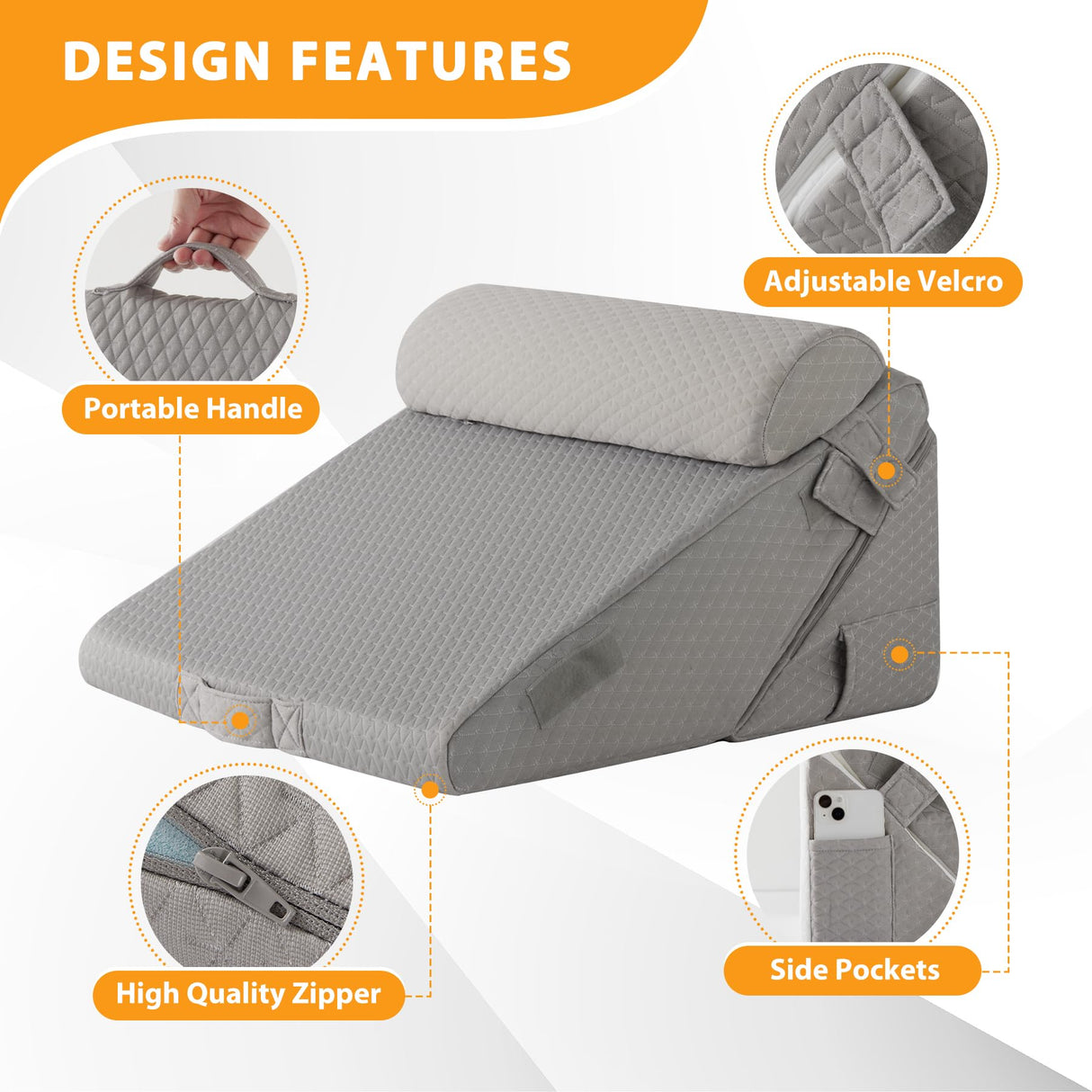 Ruqmuis 3PCS Wedge Pillow Set for After Surgery, Wedge Pillow Headboard, Adjustable 9&12 Inch Bed Pillow Wedge for Sleeping, Acid Reflux, Orthopedic Pillow Wedge for Back Pain Relief, Gerd, Grey