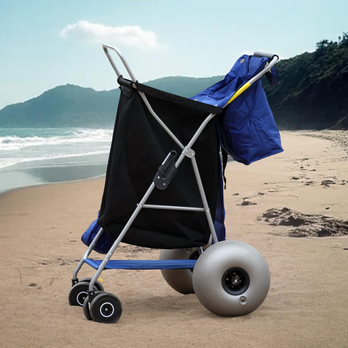 CRESTWALKER 13'' Balloon Wheel Beach Cart, Upright Stroller Wheeler with Big Wheels for Sand, Holds 4 Folding Chairs, Pump Included
