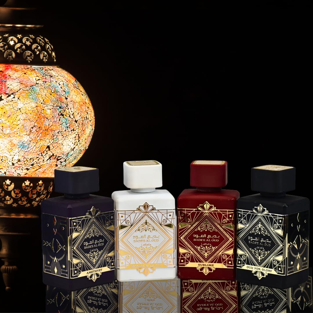 Lattafa Perfumes Bade'e Al Oud for Unisex 4 Piece Eau de Parfum Gift Set (Oud for Glory + Sublime + Amethyst + Honor & Glory) 3.4 Ounce/100 ml each