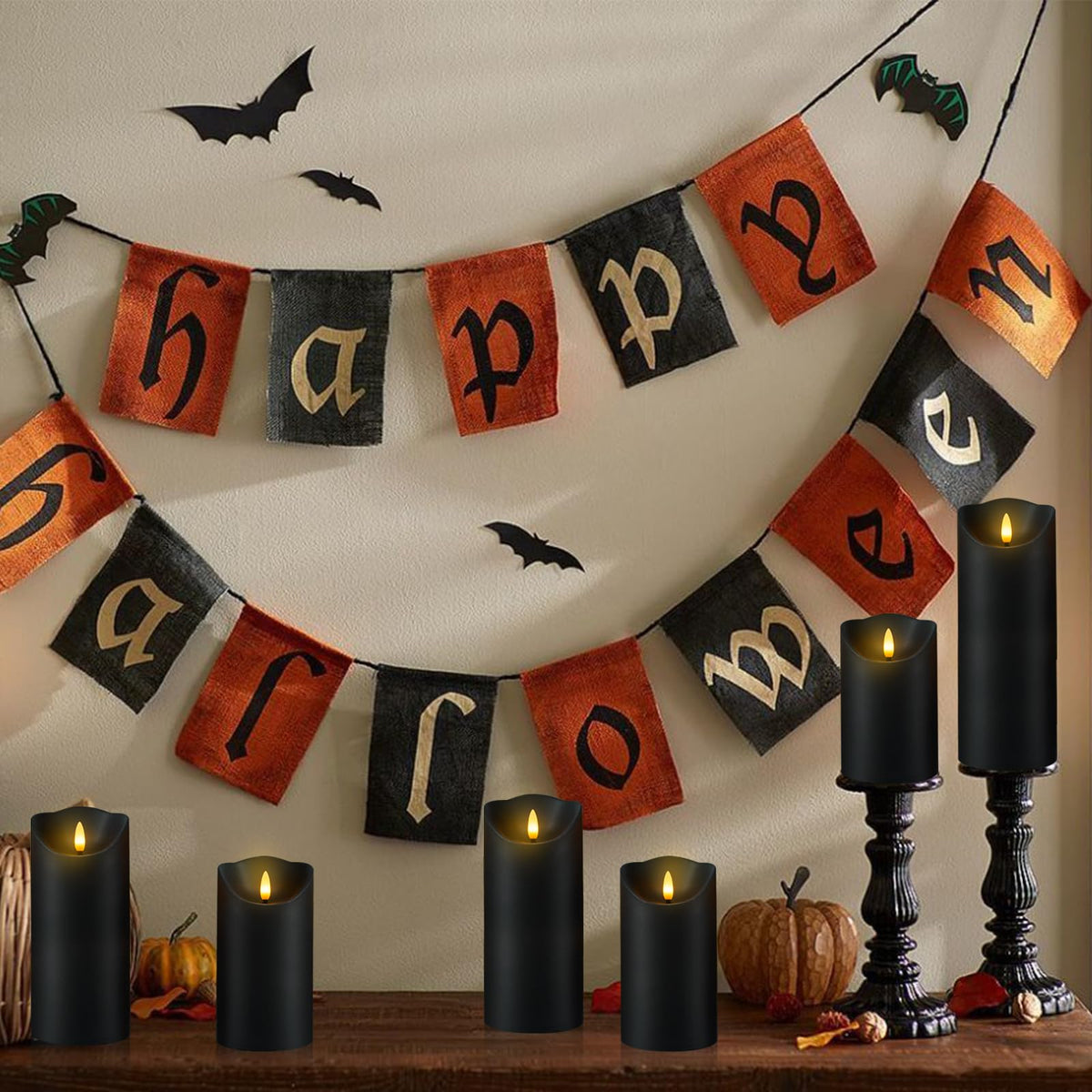 Fo32won Flameless Flickering Candles with Remote Timer, Set of 6 Led Black Battery Operated Candles for Home Decor Xmas Halloween (D3 x H3 3" 4" 5" 6" 7")