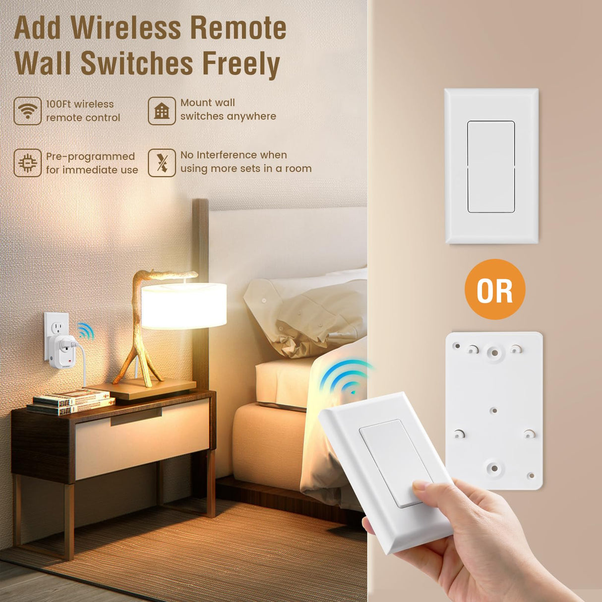 SURAIELEC Wireless Wall Switch Remote Control Outlet, No Wiring, 100ft RF Range, Pre-Programmed, Expandable Wireless Light Switches for Plug in Pendant Light, Lamp (2 Wall Switches and 1 Receiver)