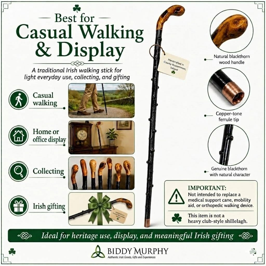 Imported Shillelagh Wooden Irish Walking Stick, Handcrafted 100% Blackthorn Lightweight Wood Cane, Handles All Unique, Black High Gloss Lacquered, Made in Ireland 36"