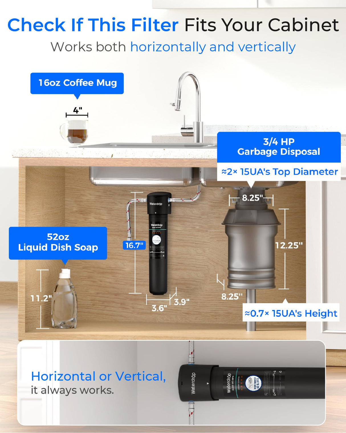 Waterdrop 15UA Under Sink Water Filter System, 2 Years, Reduces Lead, Chlorine, Bad Taste & Odor, Under Counter Water Filter Direct Connect to Kitchen Faucet, NSF/ANSI 42 Certified, USA Tech