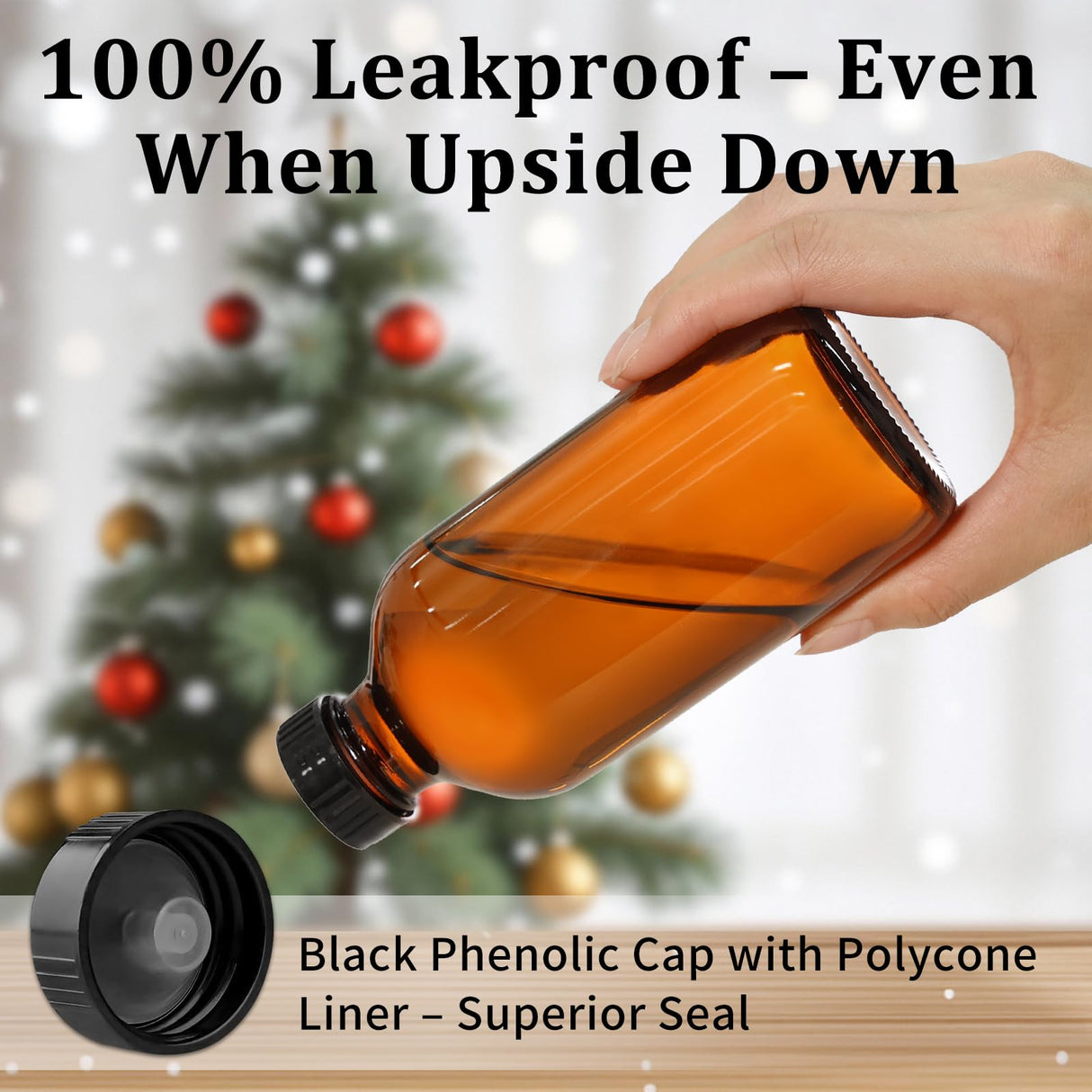 KEYWING 18 Pack 8oz Amber Glass Boston Round Bottles with Airtight Poly Cone Caps, Perfect Bottles for Homemade Vanilla Extract, Syrups, Essential Oils, Holiday & Christmas Gift