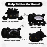 SQEQE Black Cat Mommy Stuffed Animal with 4 Babies Cat in her Tummy, Cute Black Cat Plush Toys for Kids, Gifts Ideal for Christmas, Valentine's, Birthday