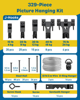 Uniclife 329 Pcs Heavy Duty Picture Hanging Kit, 10 lb, 20 lb, 30 lb, 40 lb, 75 lb Picture Hanging Hooks with Nails, D Ring Picture Hangers Sawtooth Picture Hangers Picture Hanging Wires & Screw Hooks