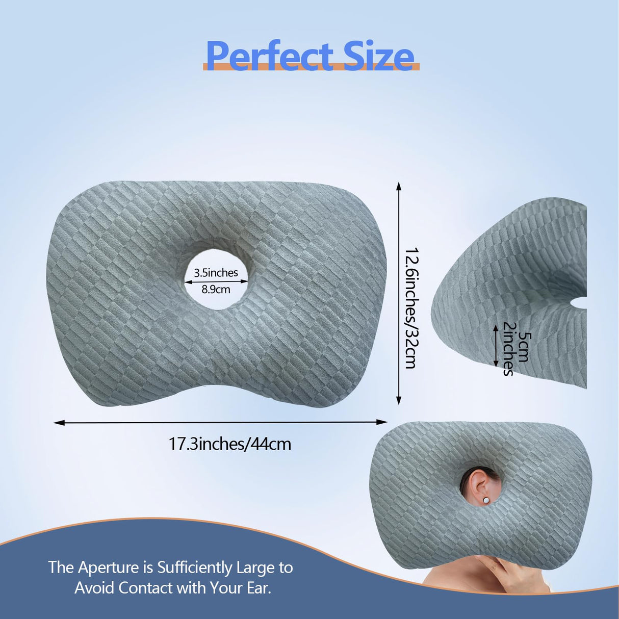 Ear Piercing Hole Pillows Side Sleeper Pillow with an Ear Hole for CNH Side Sleepers and Ear Inflammation Pressure Sores, Adjustable Cotton and Polyester Curved Side Pillow, Gray Skew Grid