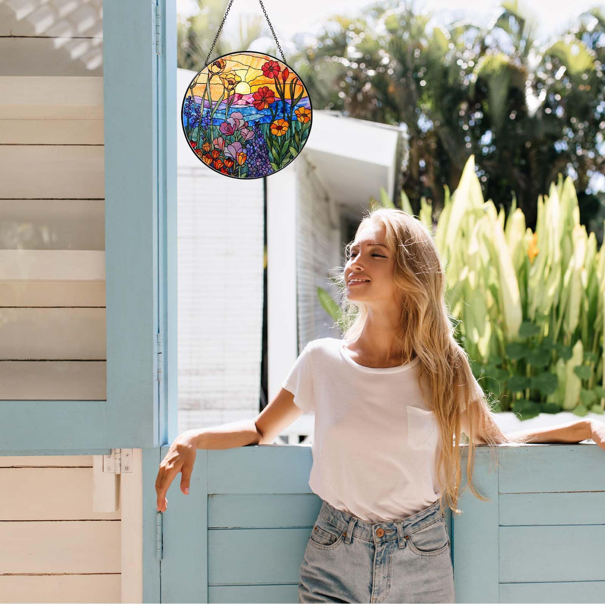 RVEAFA Wildflowers Sun Catcher Stained Glass Window Hanging Plant Lover Gifts for Women Wildflowers Wall Decor Handmade Sun Catcher Decoration for Window Garden Home Christmas & Birthday Gifts