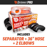 The Dustopper PRO, Low-Profile Dust Separator for Shop Wet/Dry Vacuums with at least 5HP. Includes High-Flow 90 Degree Sweep Elbows and Connection Hose. Fits Standard 5 Gallon Buckets, Made in USA