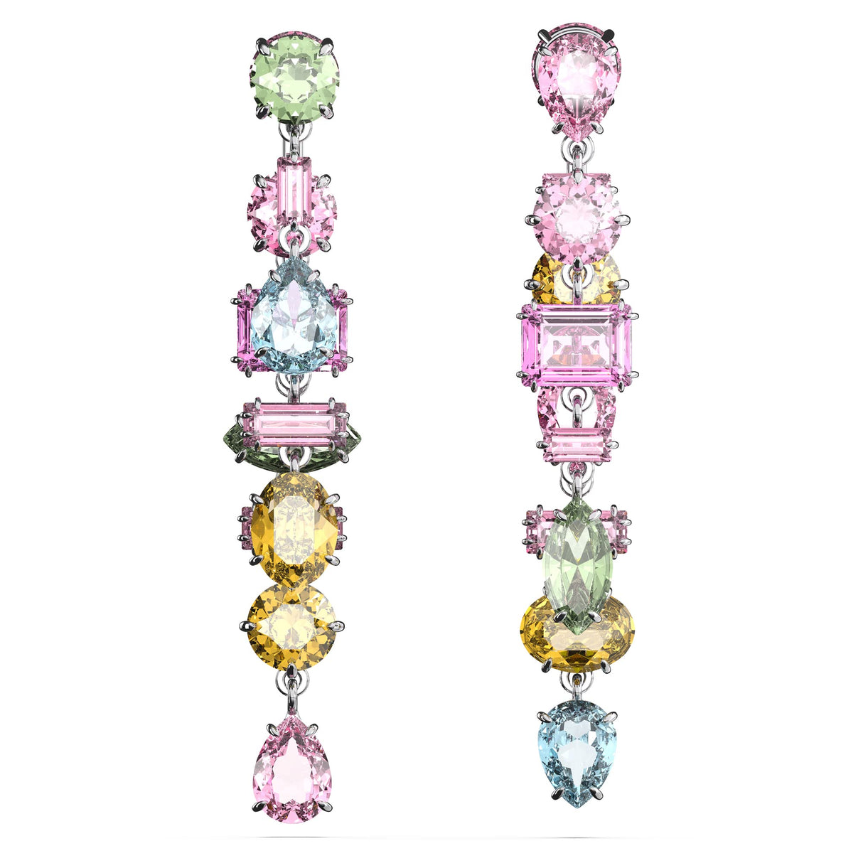 Swarovski Gema Drop Earrings, Asymmetrical design, Mixed cuts, Long, Multicolored, Rhodium Finish