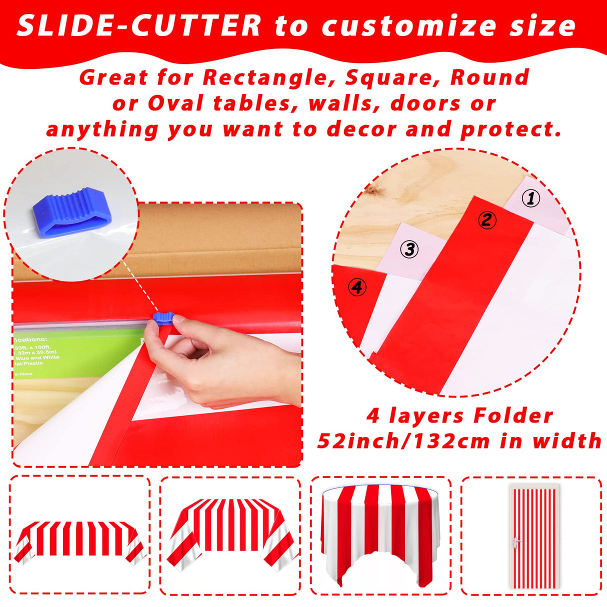 Red and White Striped Tablecloth Roll 52 in x 100 Ft with Slide Cutter Circus Carnival Party Supplies Halloween Christmas Plastic Picnic Table Cover for Indoor Outdoor Events Family Banquet Party