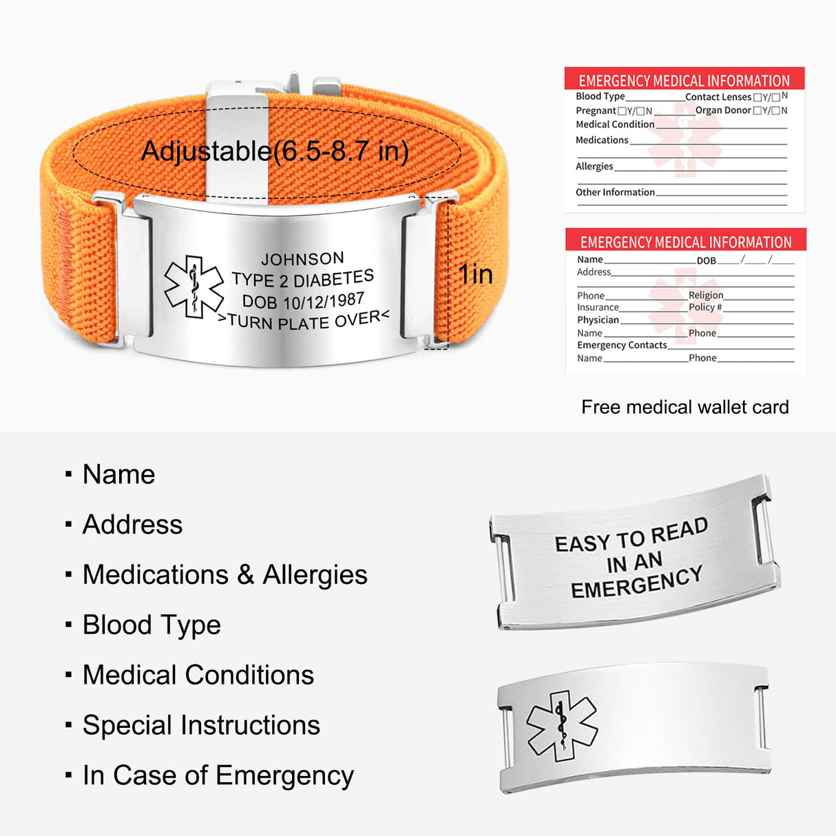 YOUNIFLARE Personalized Medical Alert Bracelet, Black