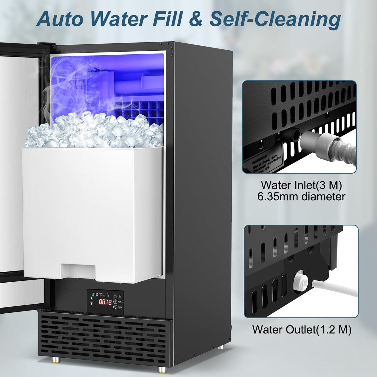 Commercial Ice Maker Machine 120 LBS/24H, 40 Ice Trays 60 LBS Cold Preservation Bin for 4-6 H, Freestanding Undercounter Ice Maker Stainless Steel, Ice Machine for Restaurant Bar Kitchen Cafe, Black