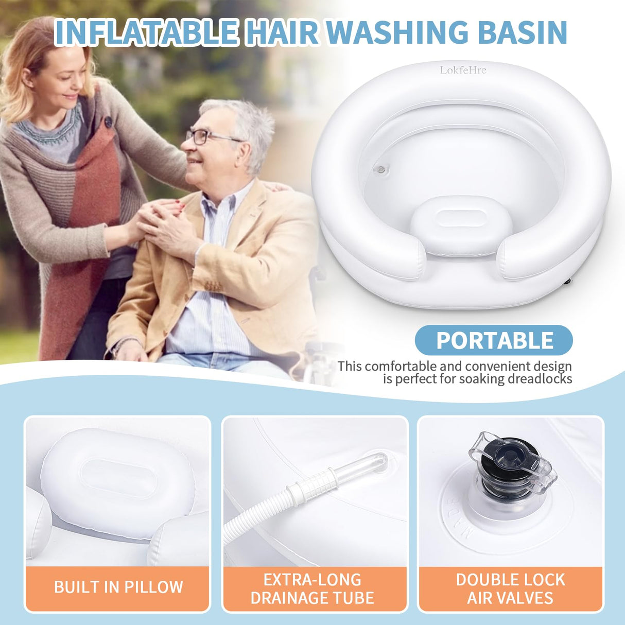 LOKFEHRE Large Portable Inflatable Hair Washing Basin for Bedridden - Wash Hair in Bed with Inflatable Shampoo Bowl.For Elderly,Disabled,Injured,Ideal Inflatable Sink for Locs Detox (Pure white)