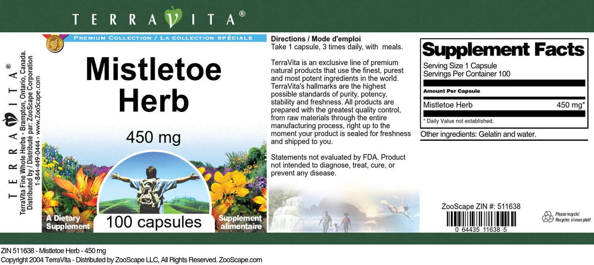 Terravita Mistletoe Herb - 450 mg (100 Capsules, ZIN: 511638) - 2 Pack
