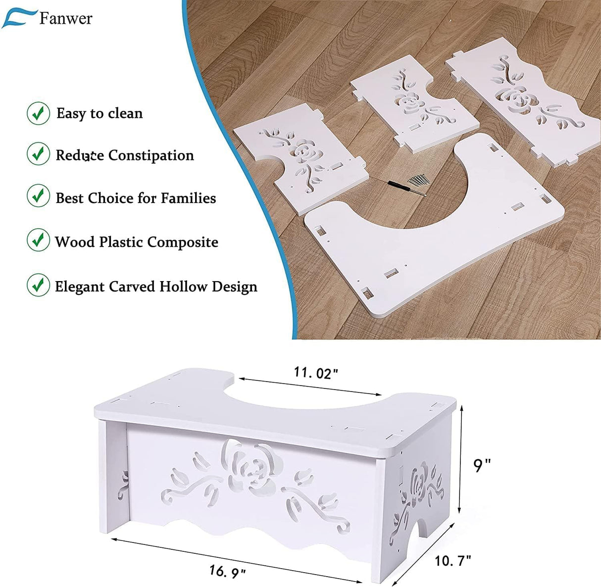 Fanwer Squatting Toilet Stool - Poop Stool for Bathroom, Wood-Plastic Composite, 9 Inch, Adults & Elderly