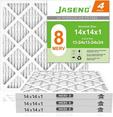 JASENG 14x14x1 Air Filters, MERV 8 Pleated HVAC Furnace Filters (4-Pack) - Dust Defense, MPR 600 - exact dimensions: 13.75"x13.75"x0.75" - Replacement for AC, Heater, and Ventilation Systems