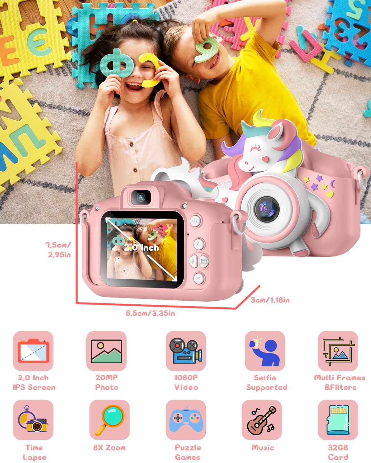 Kids Camera for 3-8 Years Old Toddlers Childrens Boys Girls Selfie Camera 20 MP HD 1080P IPS Screen Dual Digital Toy Camera for Kids Christmas Birthday Gifts with 32Gb Card