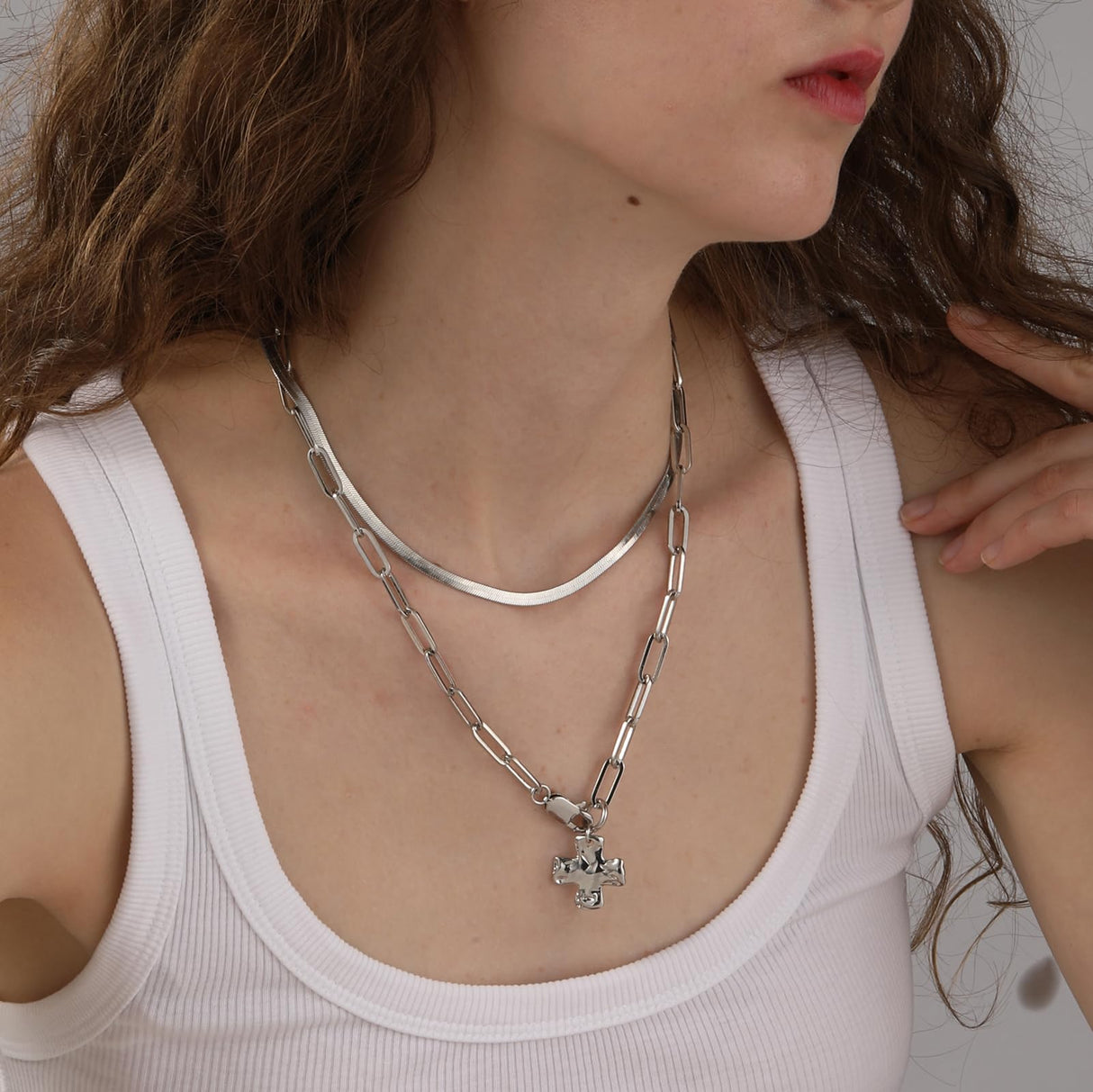 Bheop Chunky Cross Necklace for Women, Silver Layered Herringbone Necklace