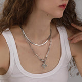 Bheop Chunky Cross Necklace for Women, Silver Layered Herringbone Necklace