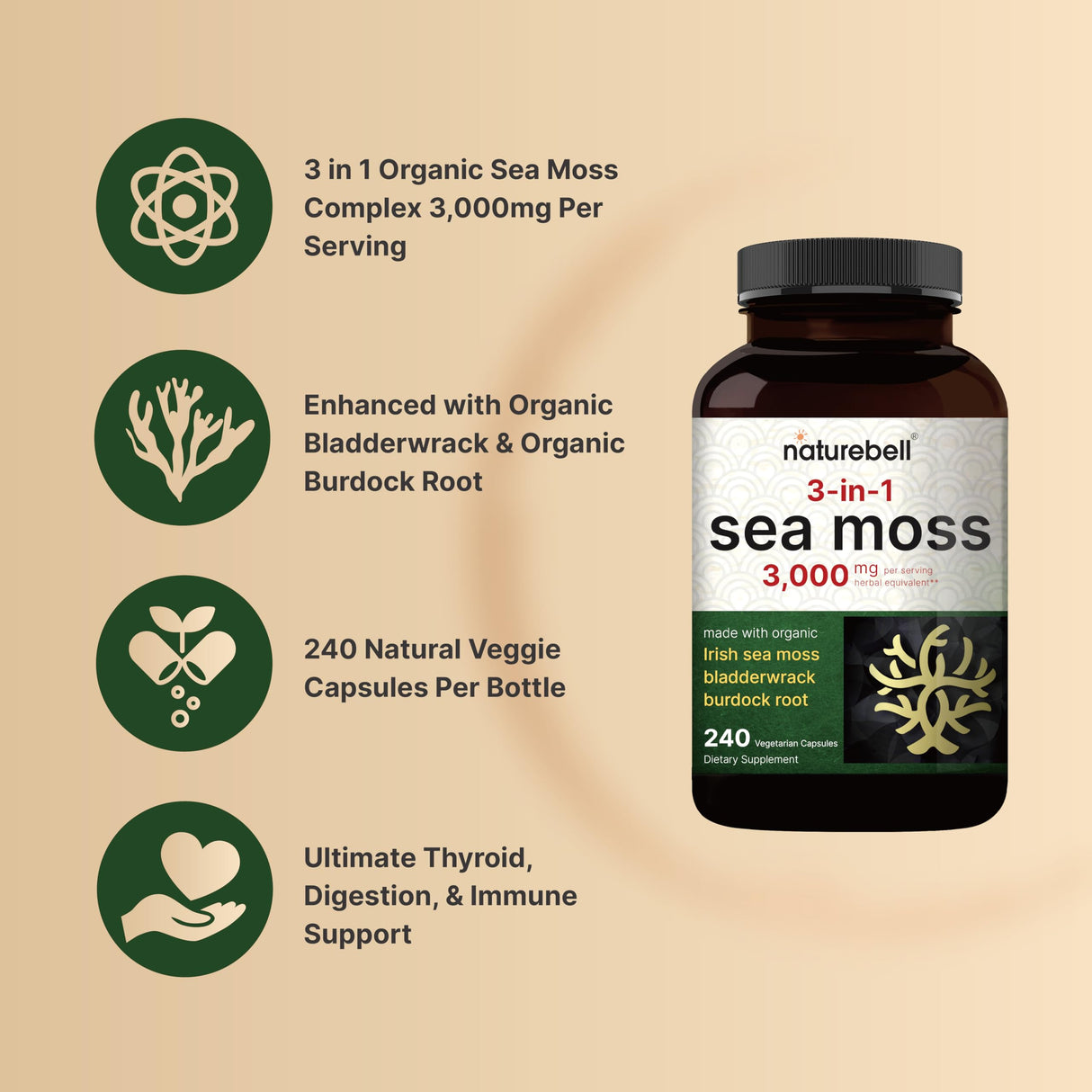 Irish Sea Moss Capsules, 3,000mg Per Serving, 240 Veggie Pills | Made with Organic Raw Powder, Plus Bladderwrack & Burdock Root, Sea Vegetable Complex – Immune & Thyroid Superfood Support – Non-GMO