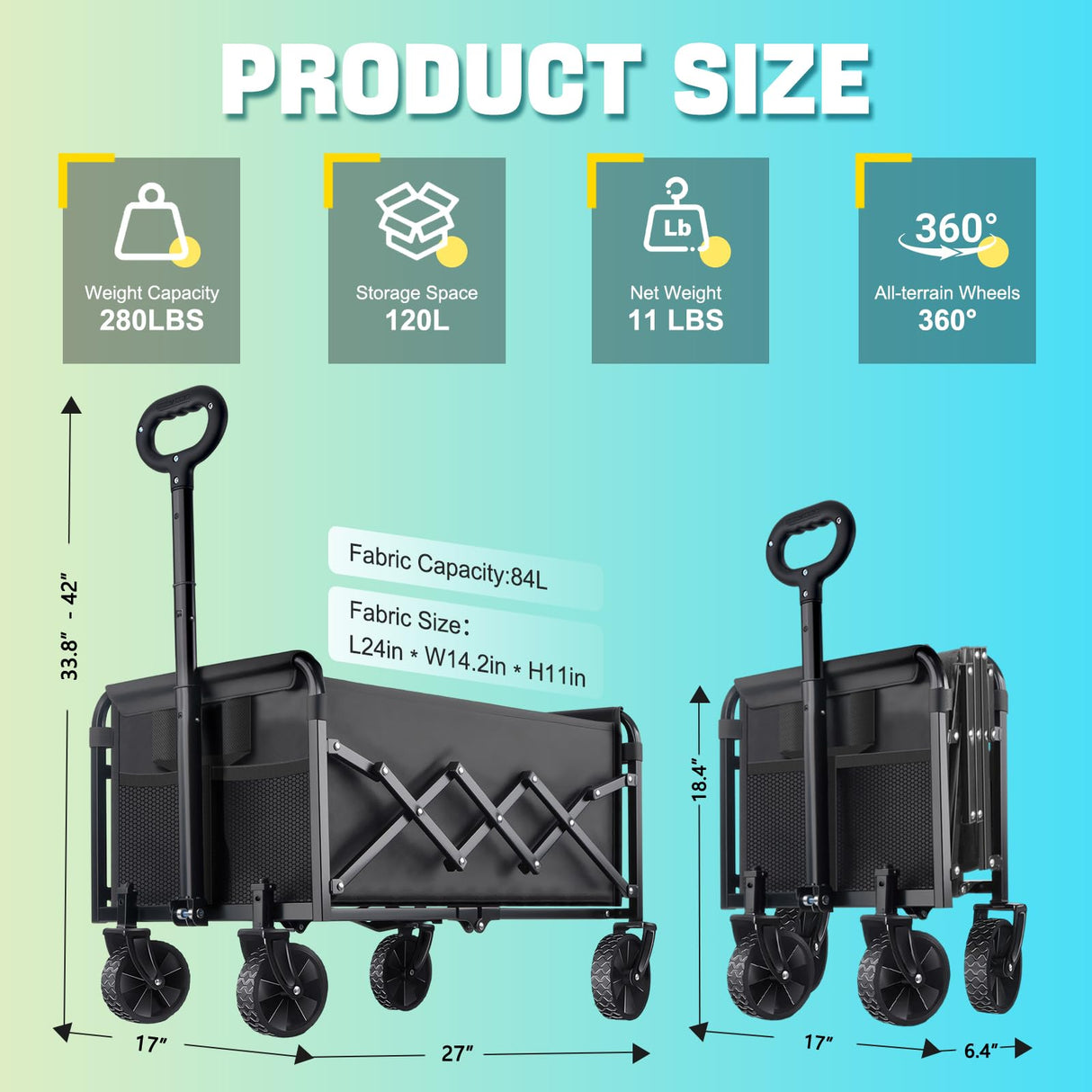 280LBS Collapsible Wagon Cart Foldable, Lightweight Grocery Cart with Wheels