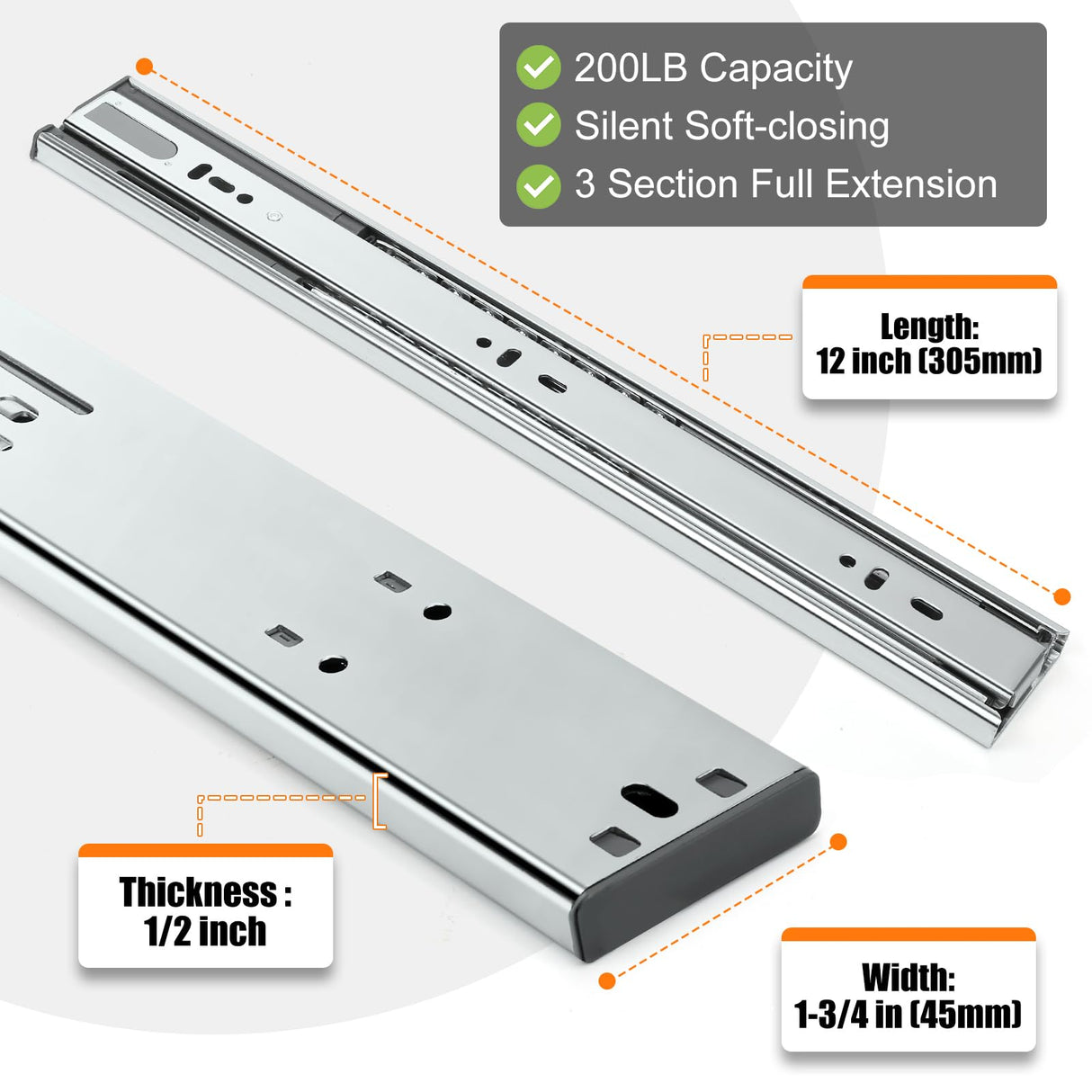 HBL’ 5 Pairs | Soft Close Drawer Slides 12 inch, Heavy Duty Cabinet Drawer Slides Replacement - Ball Bearing Full Extension, 200 LB Capacity, Made of Cold-Rolled Steel, Rust-Resistant & Long-Lasting.