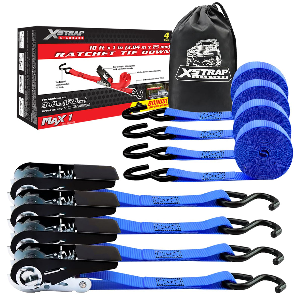 XSTRAP STANDARD Ratchet Tie Down Straps 4 Pk 10 Ft- 300 Lbs Load Cap- 900 Lbs Break Strength-Cargo Straps for UTV, ATV, Pickup,Truck, Moving Appliances, Lawn Equipment, Blue