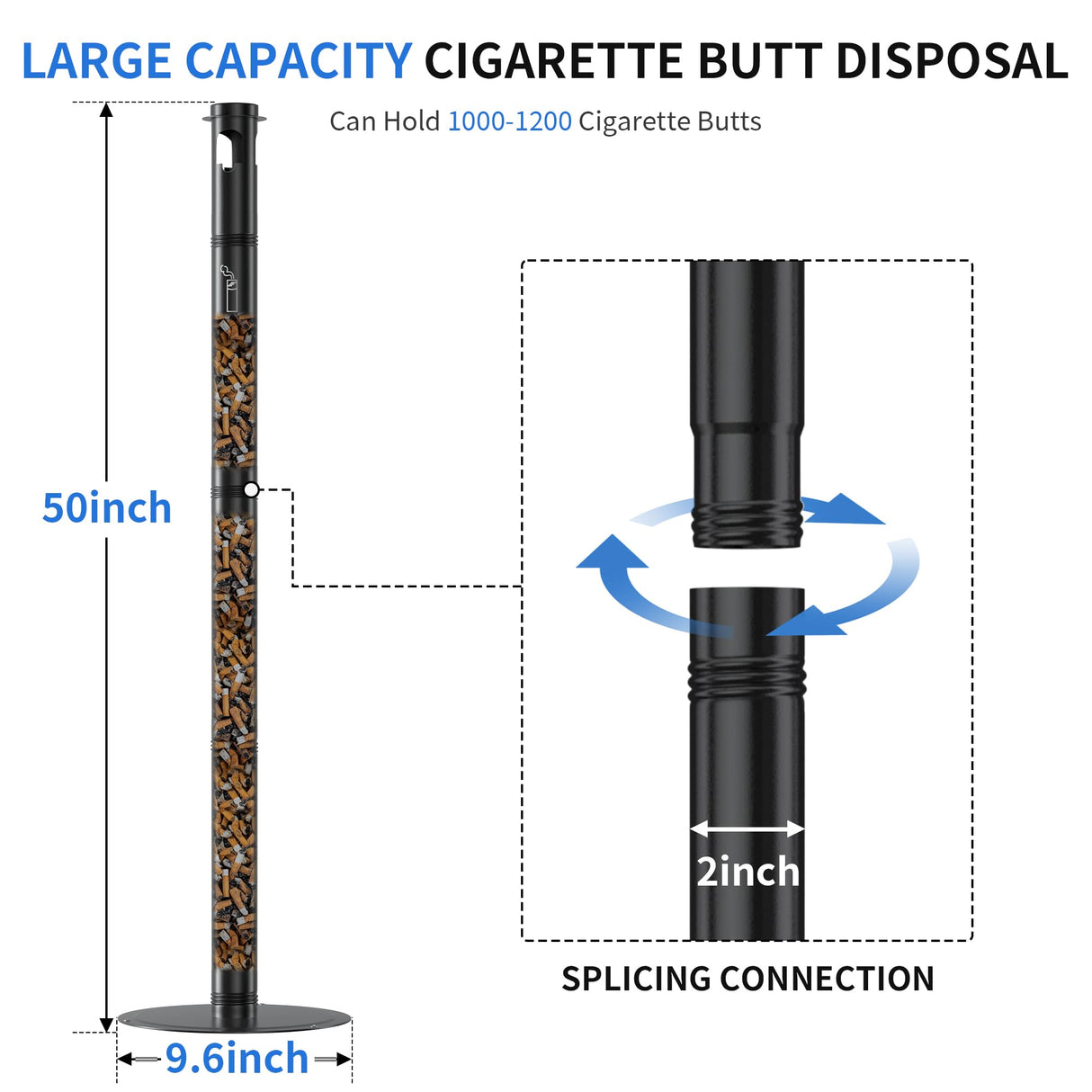 Scisum Cigarette Butt Disposal Outdoor and Indoor - 50" Waterproof Outdoor Ashtrays with Top Rain Cap - 2" Diameter Stainless Steel Standing Ashtray for Smokers Outside Patio, Home