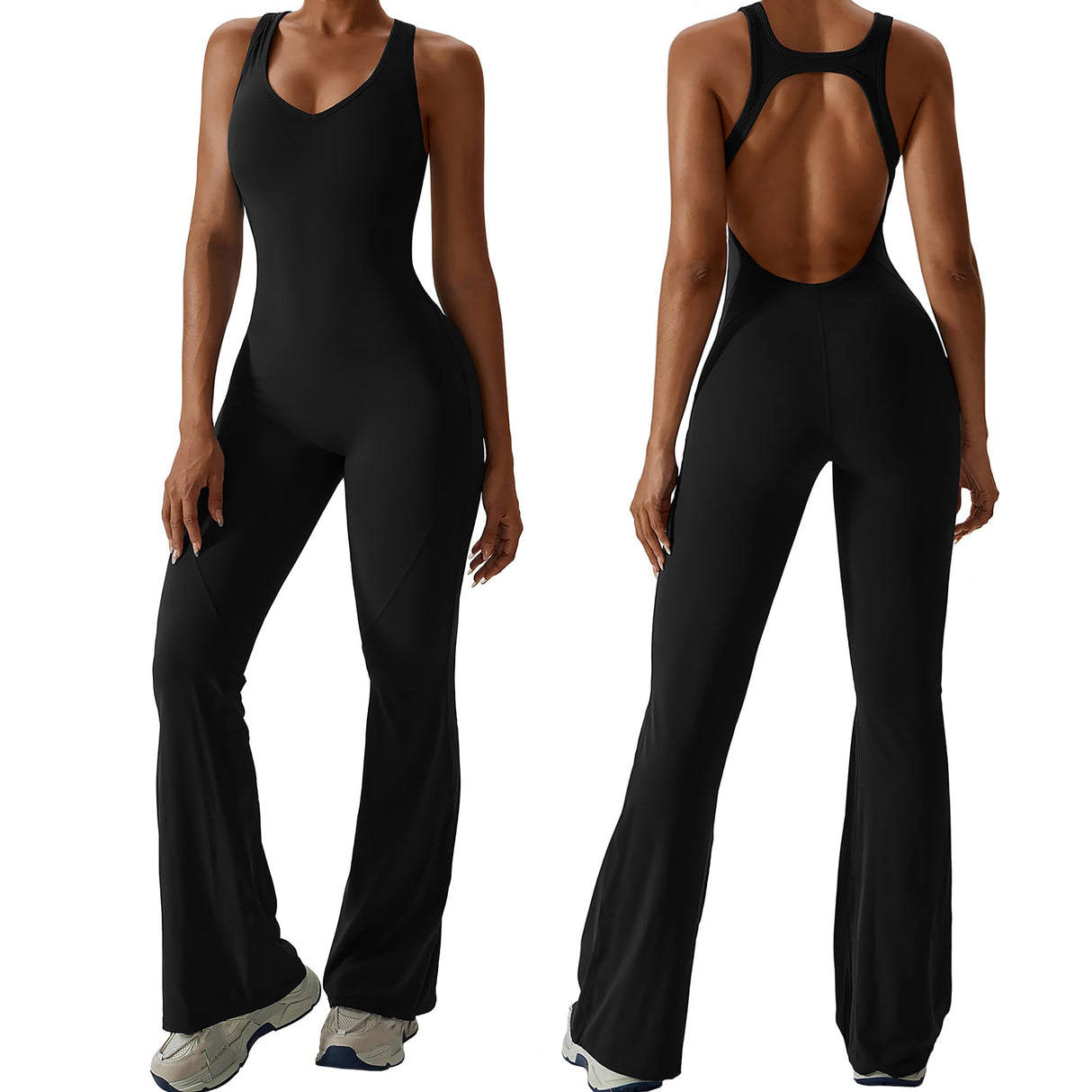 ALVORALAY Women's Flare Jumpsuit with Bra Tummy Control Workout Outfit Sleeveless Backless Bodysuit (Black, Medium)
