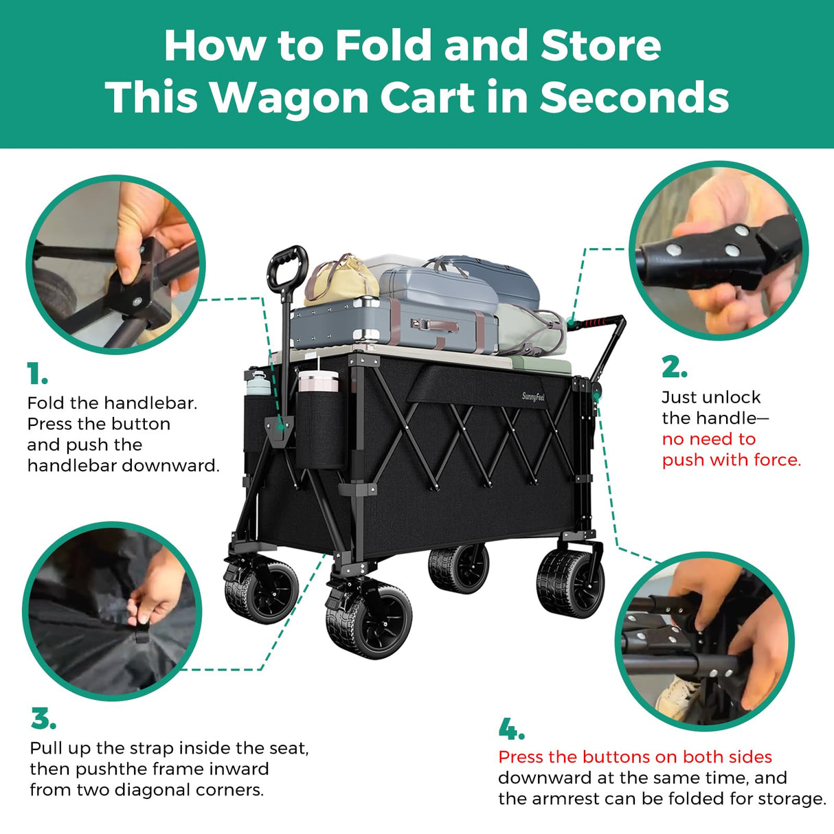 SUNNYFEEL 550LBS Push Pull Foldable Wagon with Tailgate & Big Wheels