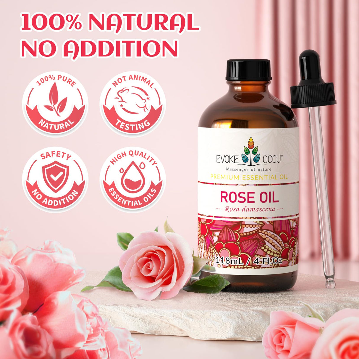 EVOKE OCCU Rose Essential Oil for Skin Care, Relaxation, Home Cleaning, Add to Diffuser and Spary, DIY Candle and Soap - 4 Fl Oz