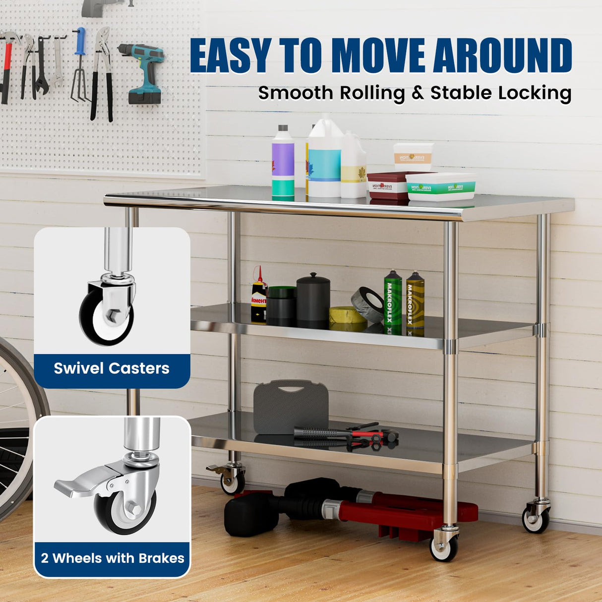 Chingoo Stainless Steel Work Table with Wheels, 24x60 Inch NSF Kitchen Prep Table with 2 Adjustable Undershelves for Commercial Restaurant, Garage, Outdoor BBQ