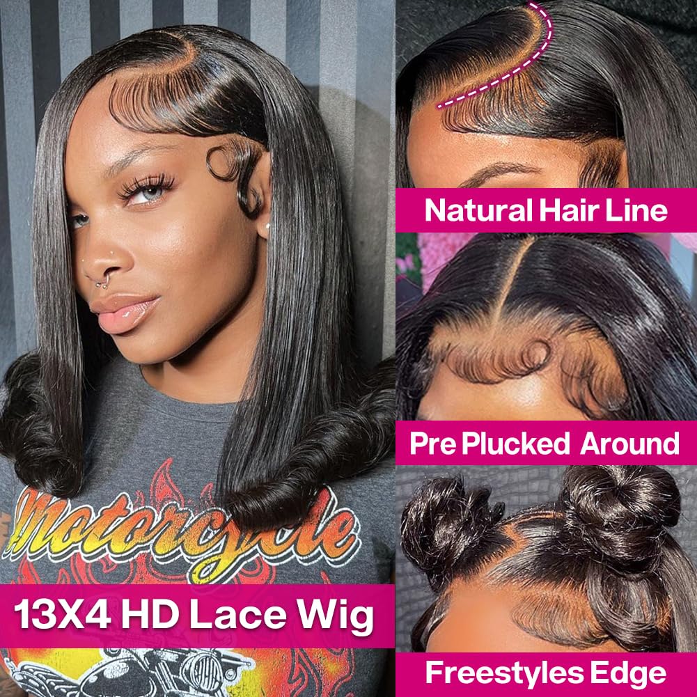 HUIWANYAN Bob Wig Human Hair 13x4 HD Lace Front Wig Glueless Wigs Human Hair Pre Plucked Short Bob Lace Front Wigs Human Hair For Black Women Nature Hairline 180% Density 14 Inch