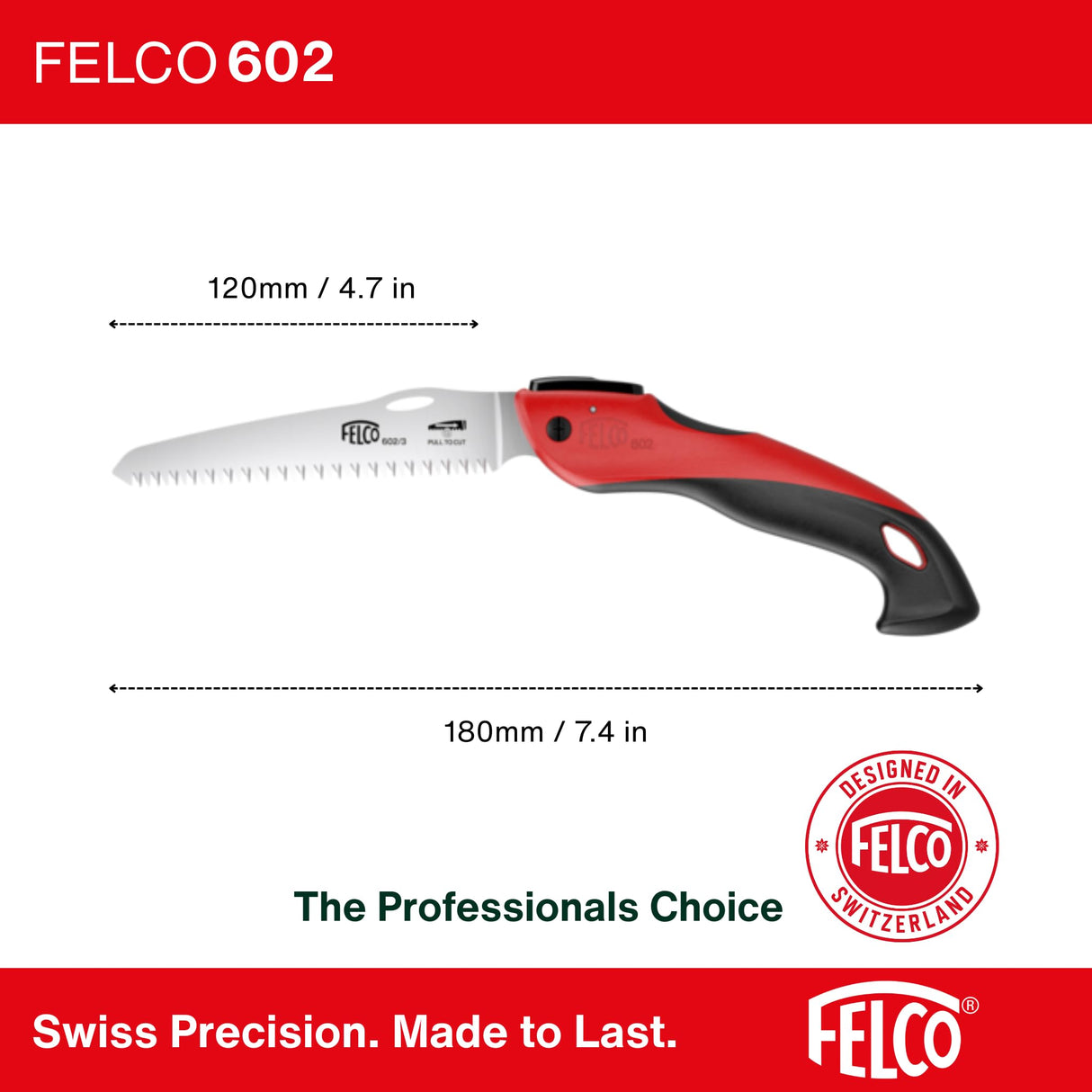 FELCO 602 Folding Pruning Saw – Compact Pull-Stroke Saw for Gardening & Vineyard Use | Tree Branch Cutter | Folding Handsaw with Chrome-Plated 6.3" Blade, Non-Slip Handle, Blade Lock, Swiss Precision