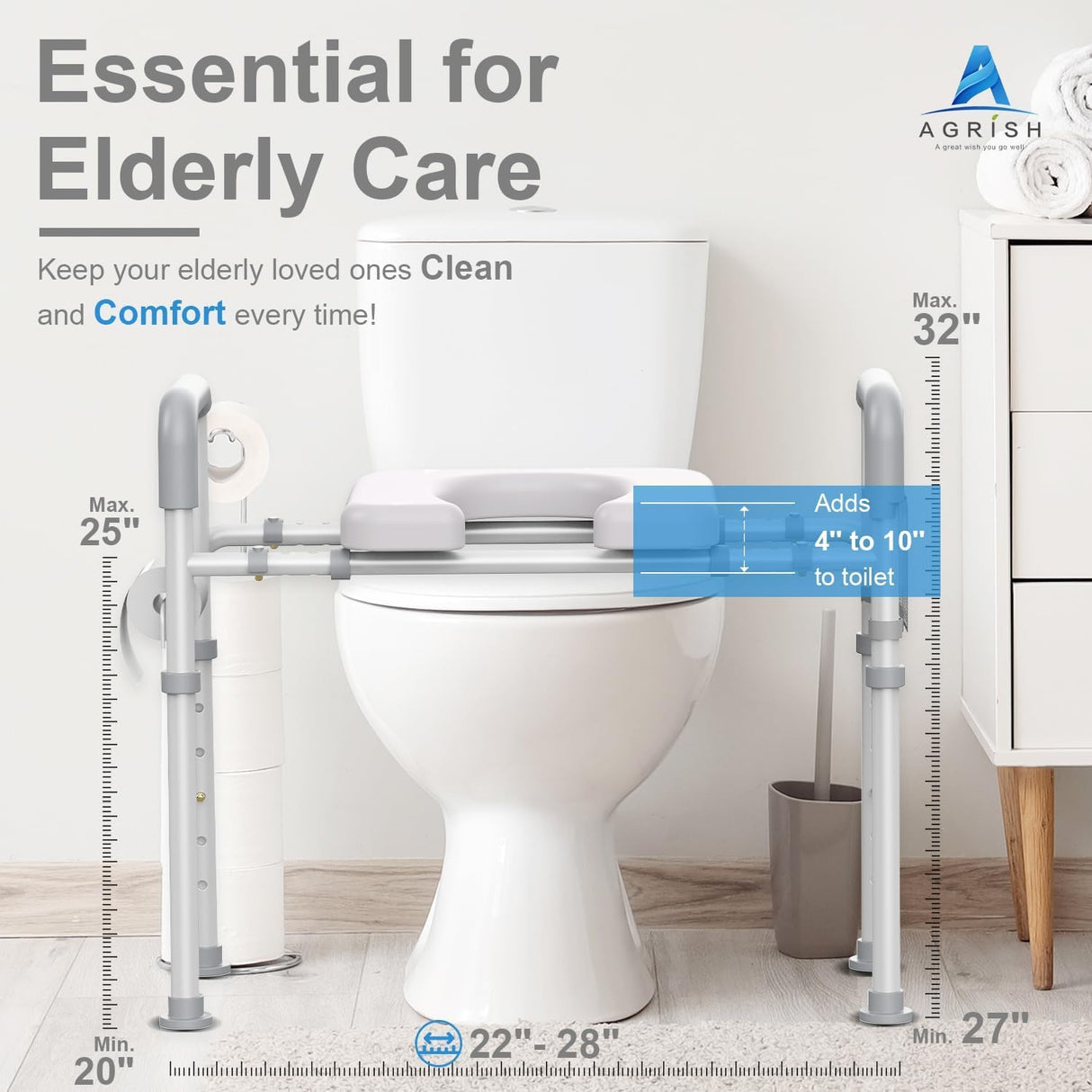 Agrish Raised Toilet Seat with Handles - FSA/HSA Eligible Cozy Padded Elevated Medical Toilet Seat Risers for Seniors, 350lb Adjustable Handicap Toilet Riser - Gray