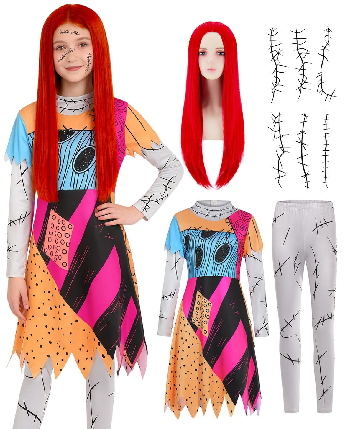 Kids Christmas Nightmare Costume Girls Halloween Costumes Long Sleeve Dress with Patch Pattern Movie Character Cosplay Outfit with Accessories Red Wig Stickers DY003M