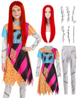 Kids Christmas Nightmare Costume Girls Halloween Costumes Long Sleeve Dress with Patch Pattern Movie Character Cosplay Outfit with Accessories Red Wig Stickers DY003M