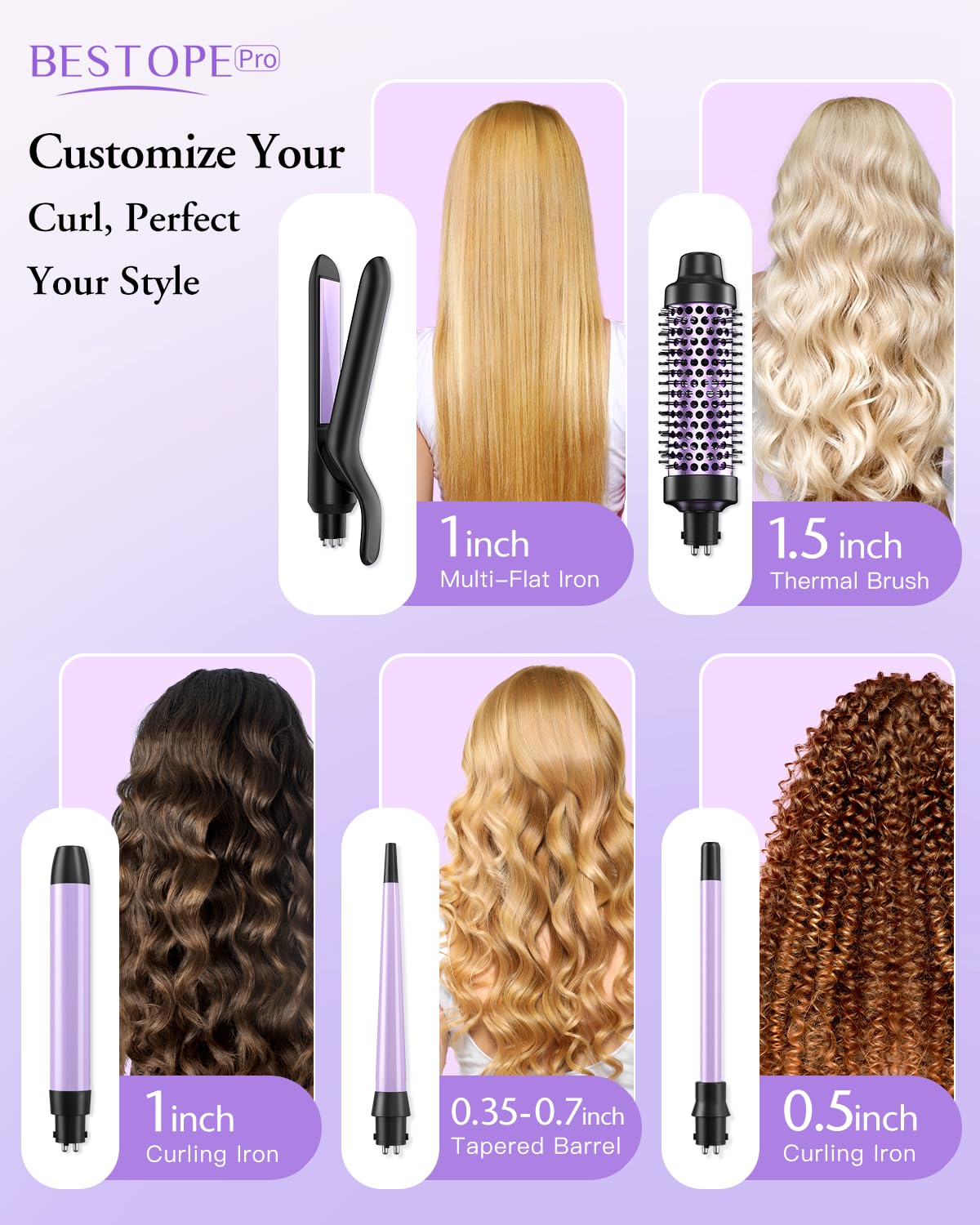 5 in 1 Curling Iron, Curling Wand Set with Thermal Brush, Flat Iron Hair Straightener, 3 Ceramic Irons (0.35"-1"), 13 Adjustable Temps, Hair Curler Waver with Heat Resistant Mat, Glove, Clip