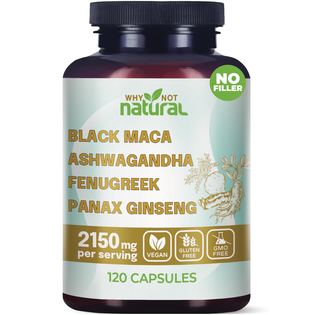 Why Not Natural 4-in-1 Organic Black Maca Root, Ashwagandha, Fenugreek, Panax Ginseng Capsules, Supplement for Men and Women