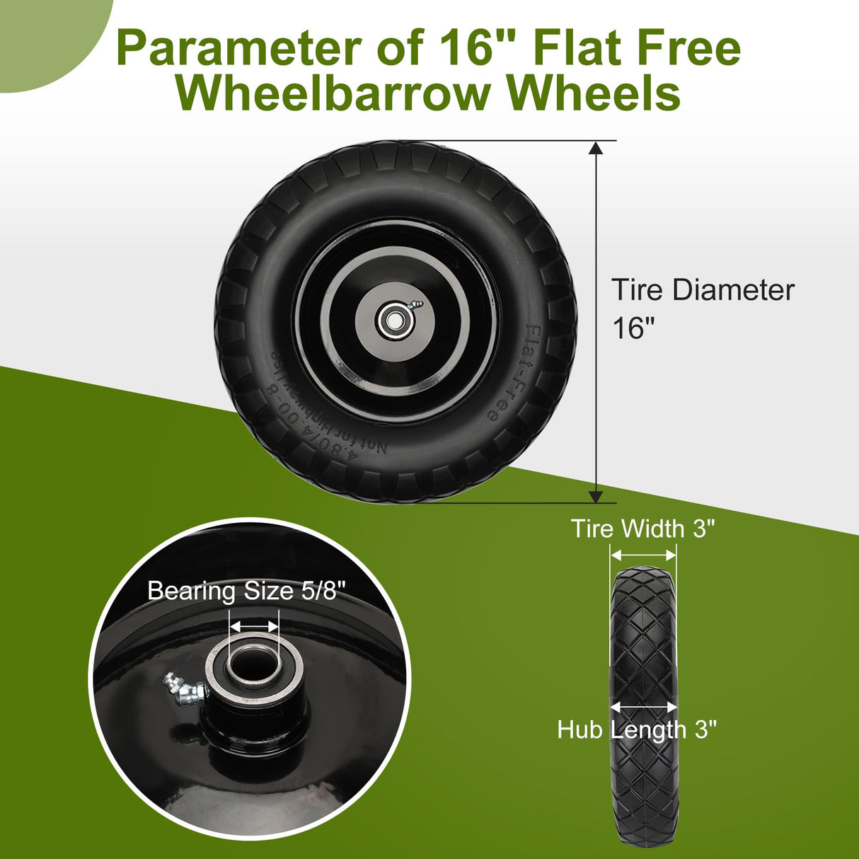 Pontuss Upgraded 16" Flat Free Wheelbarrow Wheels and Tires