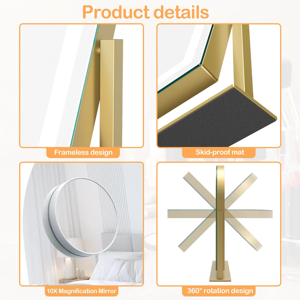 Lighted Makeup Mirror, Hollywood Vanity Mirror with Lights, Three Color Lighting Modes, and Detachable 10X Magnification Mirror, Smart Touch Control, 360°Rotation (15.2in. Gold)