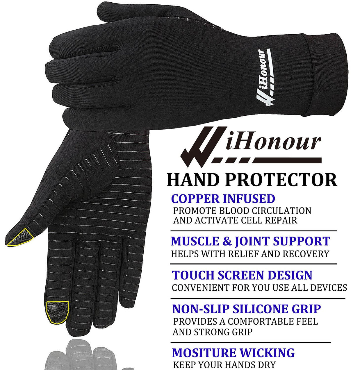 2-Pairs Pack Copper Full Finger Compression Gloves, Copper Arthritis Gloves for Women & Men Relieve Pain from Arthritis Pain, Swelling and Rheumatoid, and Everyday Hands Support (Large (Pack of 2))