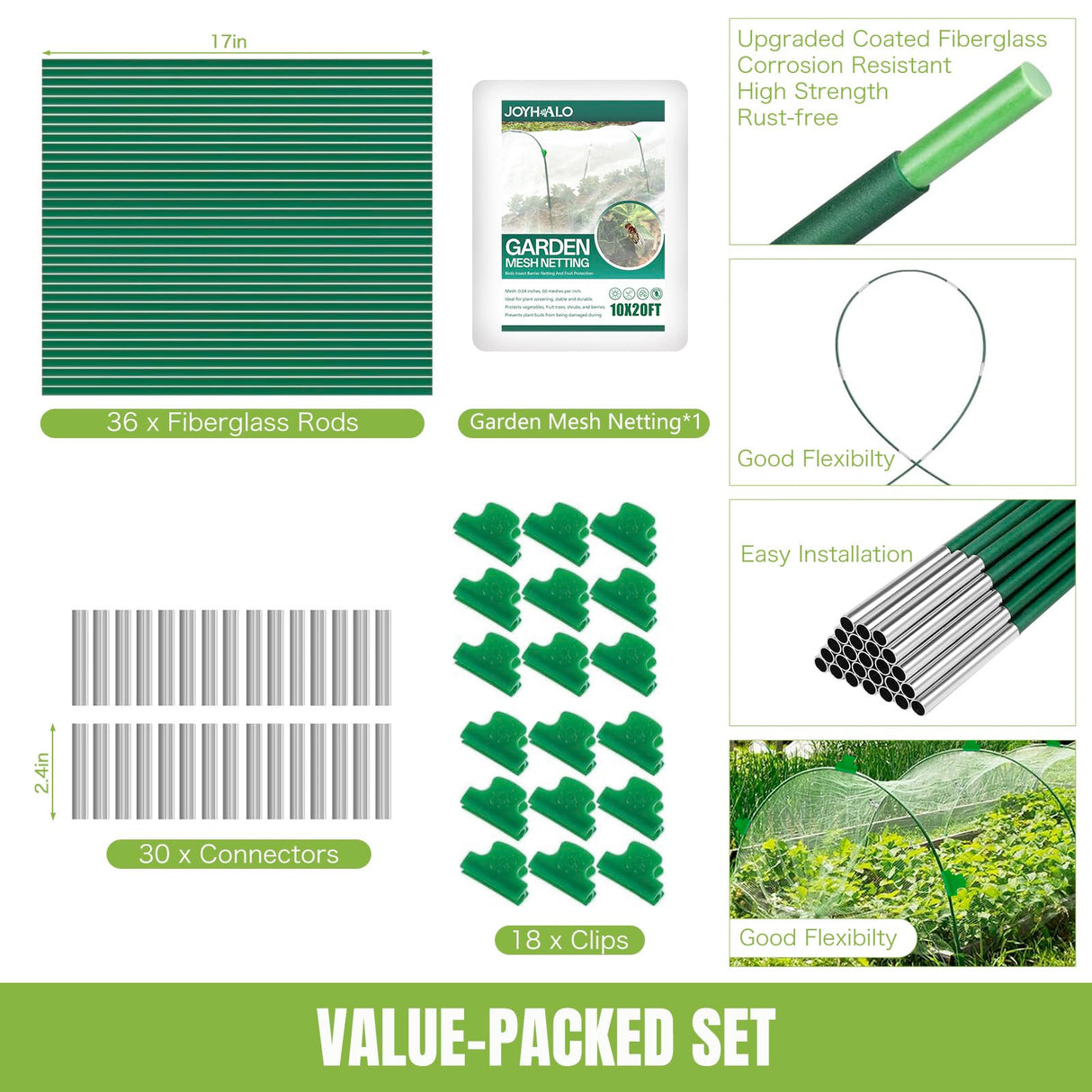 36 Pack Garden Hoops with 10x20 Ft Netting for Raised Beds, 18 Clips