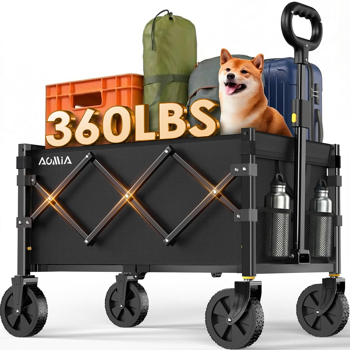 AOMIA Collapsible Foldable Wagon with Wheels Heavy Duty Folding Wagons Carts 360LBS Weight Capacity Portable All Terrain Utility Wagon Cart for Groceries Sports Garden Shopping Beach