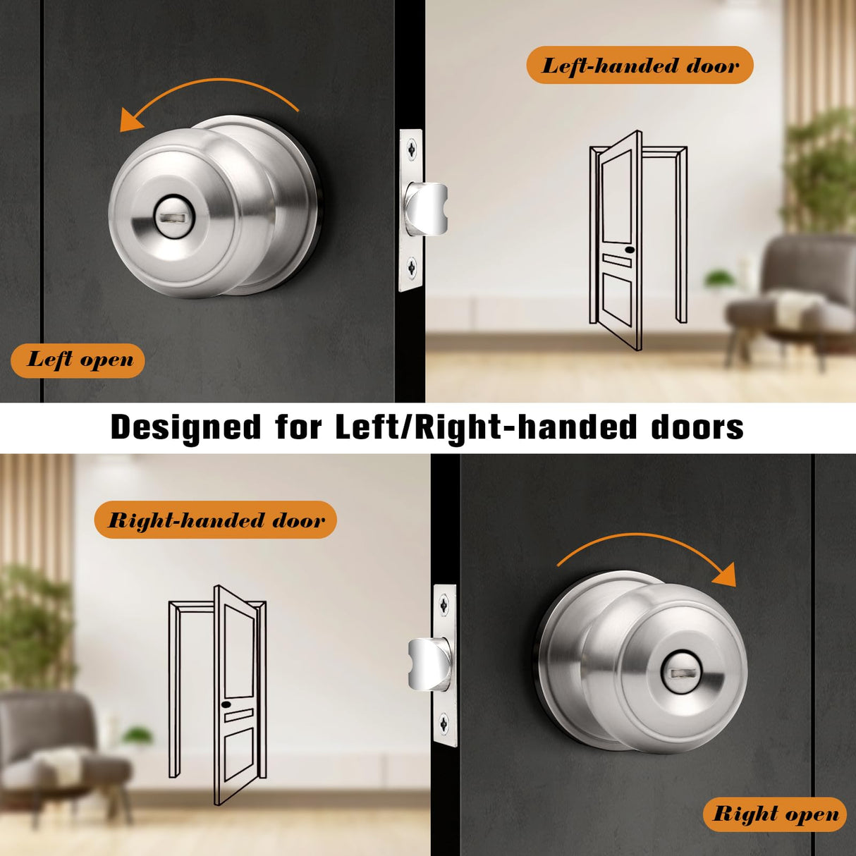 Probrico Brushed Nickel Bed/Bath Door Knobs, Satin Ball Door Knob, Interior Door Knobs for Bedroom Bathroom, Privacy Function, 10 Pack