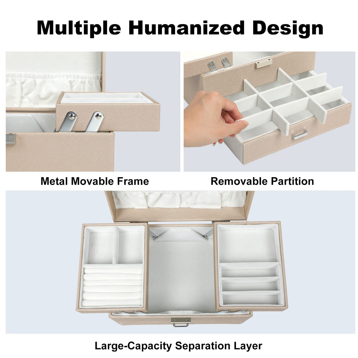 Dajasan Jewelry Box Organizer, Jewelry Boxes for Women Girls, 3 Layers Jewelry Gift Box for Christmas, Valentine's Day, Birthday, Mother's Day (Champagne)