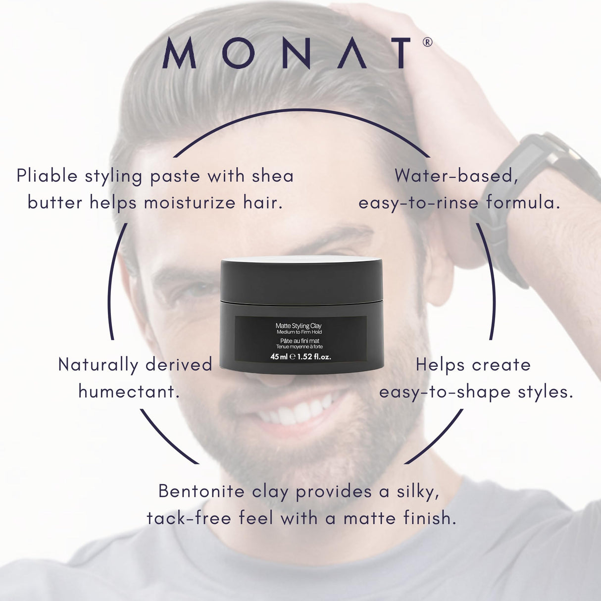 MONAT Matte Styling Clay for Men - Water and Clay-Based Hair Paste to Create Thicker-Looking Hair, Easy-to-Shape Net Wt. 45 ml / 1.52 fl. oz.